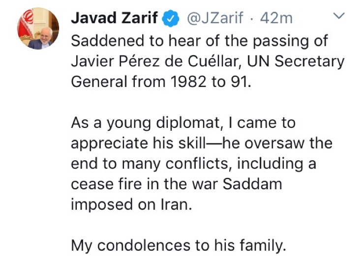 ظریف: جنگ تحمیلی صدام علیه ایران تحت نظر «دکوئیار» به آتش‌بس رسید