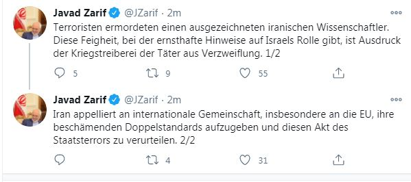ظریف در توئیتی به زبان آلمانی: ترور دانشمند ایرانی یک اقدام بزدلانه بود