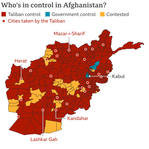 نقشه پیشروی طالبان -  ۲۴ مرداد ۱۴۰۰ | تنها کابل در اختیار دولت است. طالبان بر اساس توافقاتی که در قطر صورت گرفت، فعلا وارد پایتخت نخواهد شد.