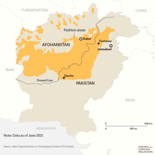 مناطق پشتون نشین در افغانستان و پاکستان | منبع: مؤسسه فناوری فدرال زوریخ 